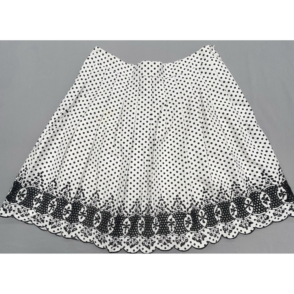 Talbots Skirt 14P White Black Polka Dot Embroidered Flare Pleats Preppy Feminine